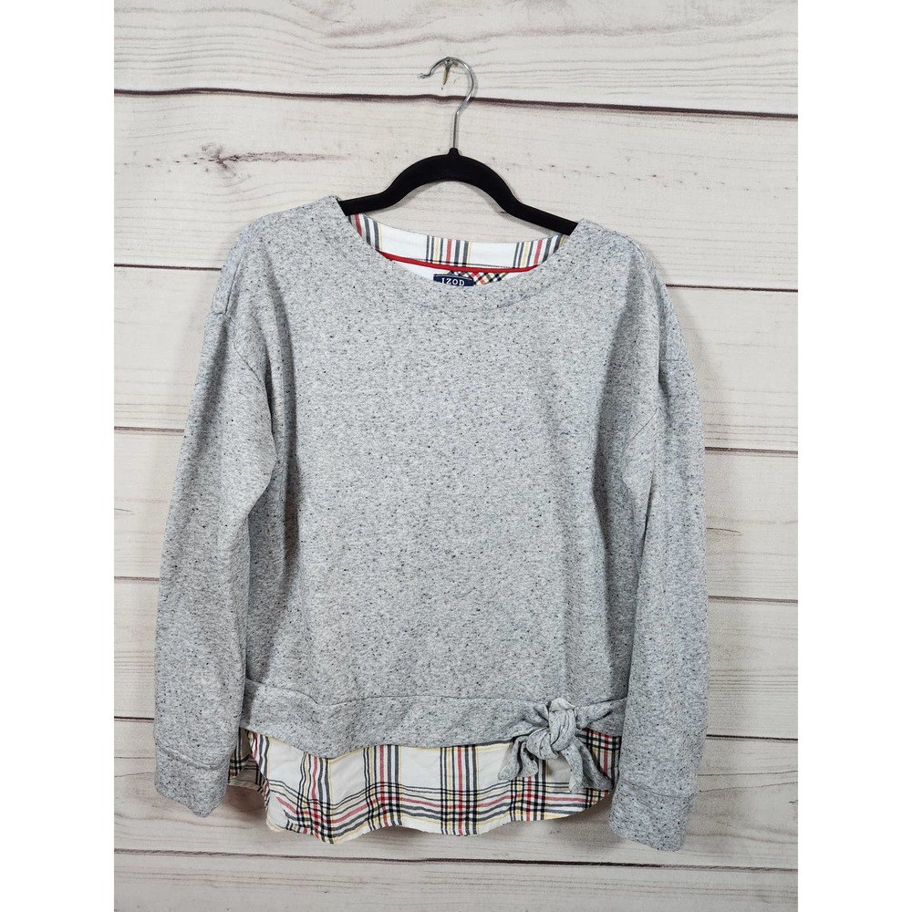 Izod Women's Gray Plaid Long‎ Sleeve Scoop Neck Pullover Sweatshirt Size Medium